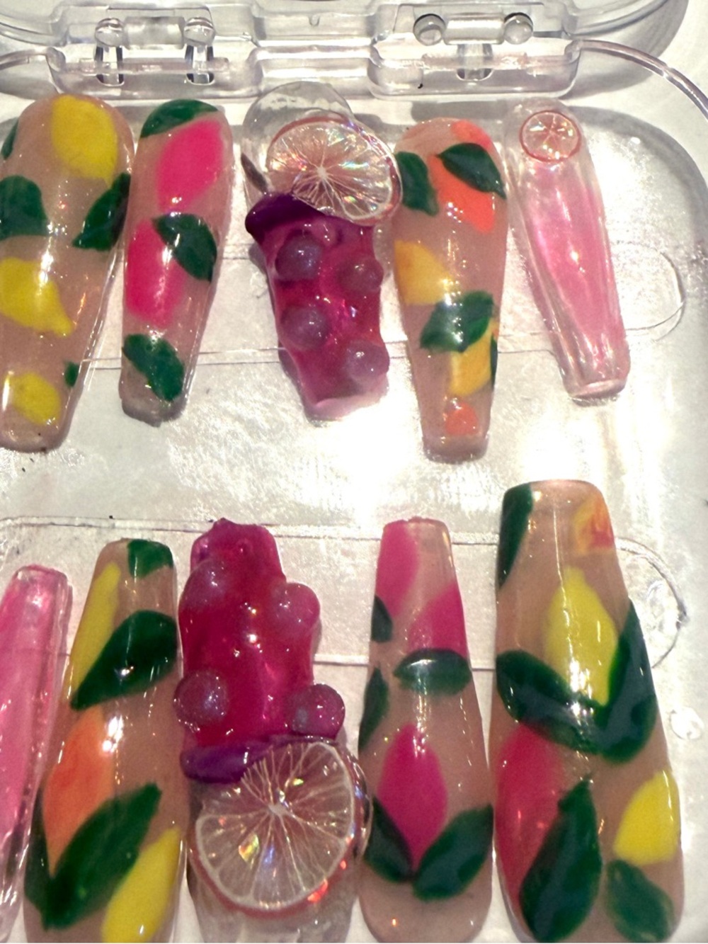 Hand-Painted Floral Press-On Nail Set with 3D Accents
